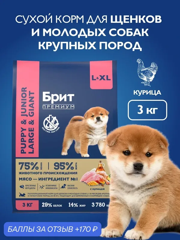 Сухой корм для щенков крупных пород, курица, 3 кг Брит Премиум — Брит, 170 баллов за отзыв Яндекс Маркет