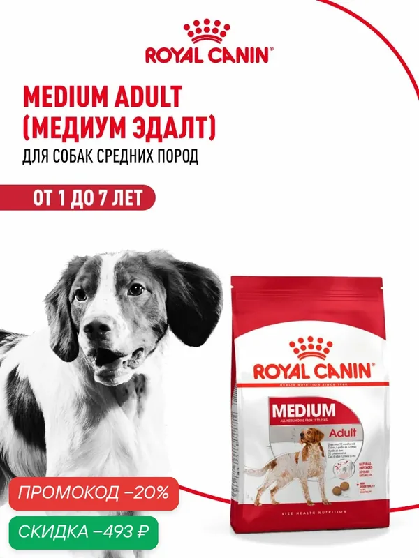 Сухой корм для собак Royal Canin Medium Adult для средних пород, 3 кг — Royal Canin, скидка по промокоду Яндекс Маркет