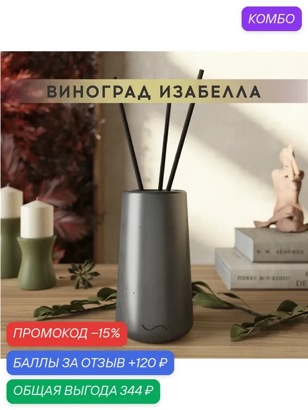 Ароматический диффузор, Виноград Изабелла, 100мл, в бетонной вазе Astrid, графитовый глянцевый — MUSKO, промокод и 120 баллов за отзыв Яндекс Маркет