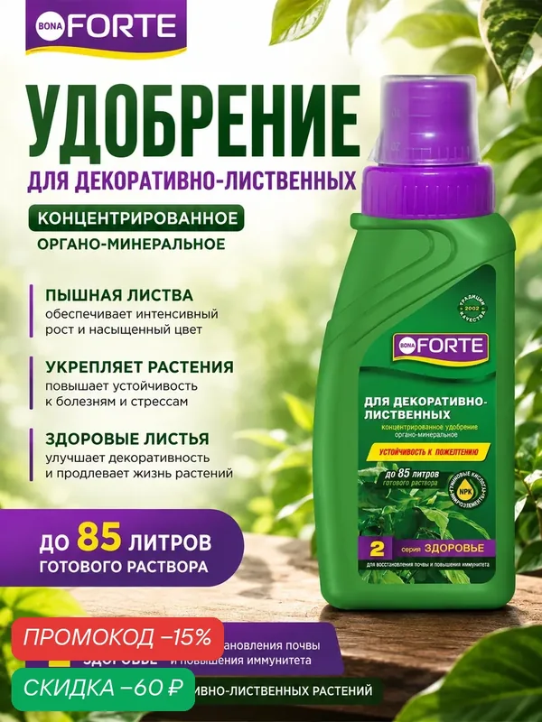 Удобрение для декоративно-лиственных растений Bona Forte 2 в 1, 285 мл — BONA FORTE, скидка по промокоду Яндекс Маркет