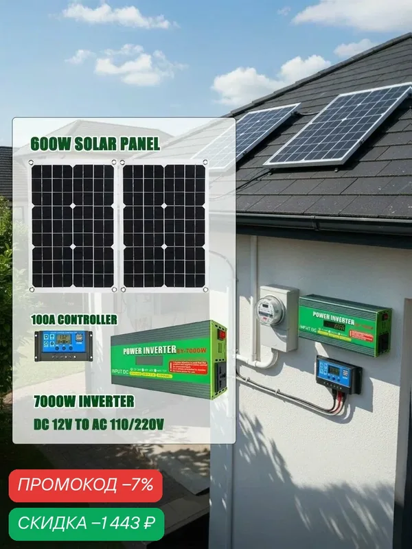 Мощный Комплект Солнечной Энергии: Инвертор 7000W (12V/220V), Панели 600W, Контроллер 100А. Автономное Питаниеонтроллер 100A и Инвертор 7000W (DC 12V в AC 110/220V) для Дома — скидка по промокоду Яндекс Маркет