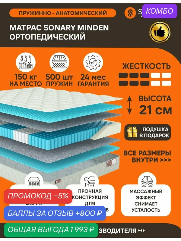 Матрас Sonary Minden 120х180 серии Zone высота 21 см анатомический средней жесткости Независимые пружины — SONARY, промокод и 800 баллов за отзыв Яндекс Маркет
