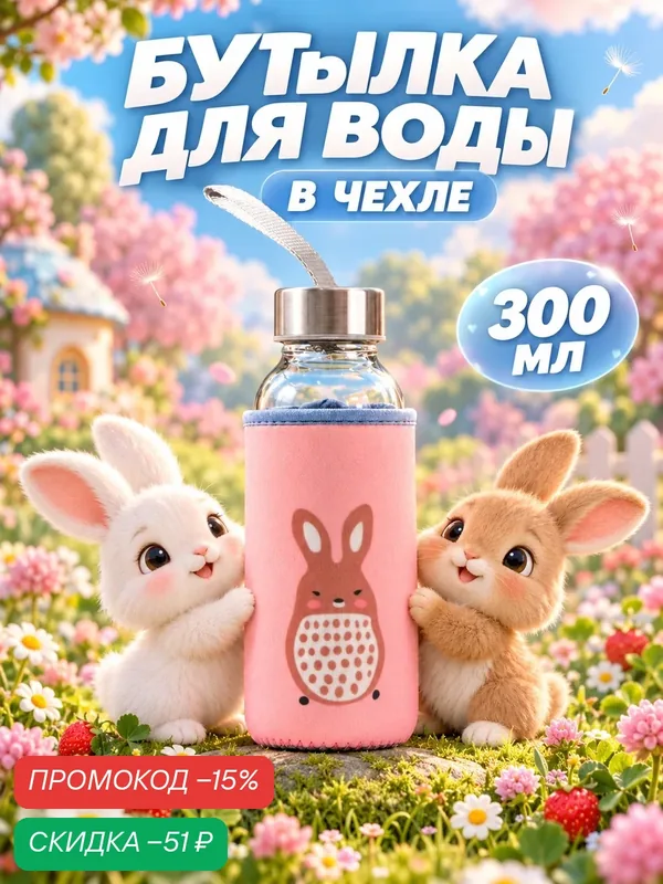 Бутылка для воды стеклянная в чехле «Весёлые зверята», 300 мл, h=17 см, цвета микс — SKYPHOS, скидка по промокоду Яндекс Маркет
