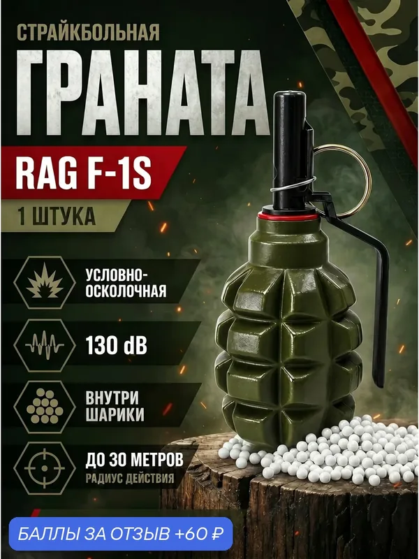 Граната с горохом страйкбольная RAG F-1S, условно-осколочная, для страйкбола и пейнтбола — RAG, 60 баллов за отзыв Яндекс Маркет