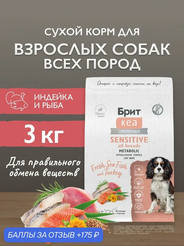 Сухой корм для взрослых собак всех пород супер-премиум с рыбой и индейкой 3 кг Брит Кеа — Брит, 175 баллов за отзыв Яндекс Маркет