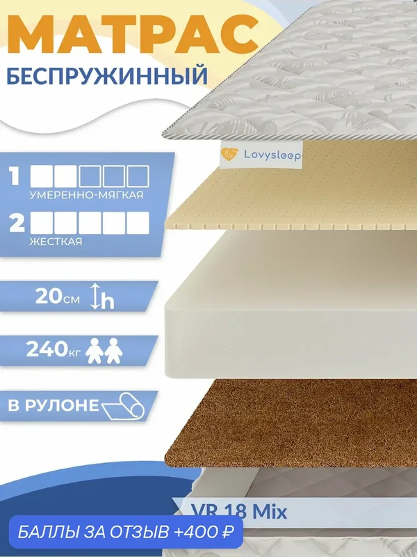 Матрас VR 18 Mix 90х200 см, беспружинный, 20 см, односпальный, двусторонний с разной жесткостью, в рулоне — Lovysleep, 400 баллов за отзыв Яндекс Маркет