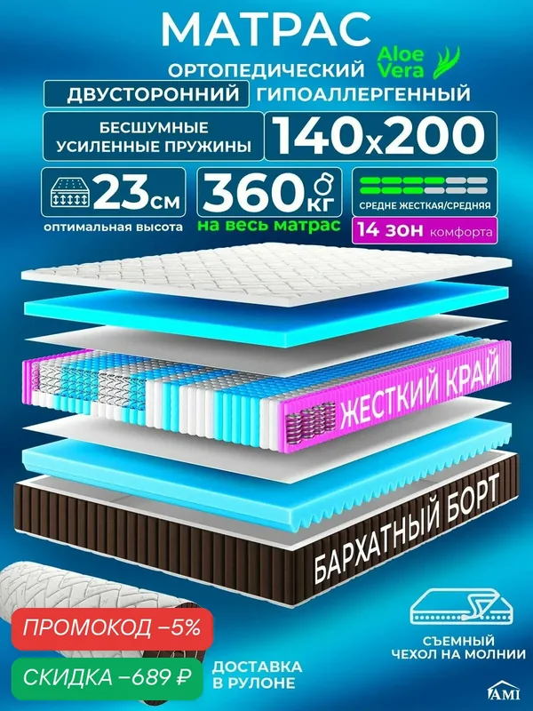 Ортопедический двуспальный матрас 140х200 см на кровать, рулонный, независимый пружинный блок, съемный чехол Ами Мебель — AMI, скидка по промокоду Яндекс Маркет