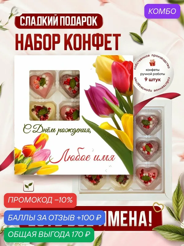 Именной подарочный набор конфет (белый шоколад). Подарок на день рождения. Конфеты на день рождения. — Insibio, промокод и 100 баллов за отзыв Яндекс Маркет