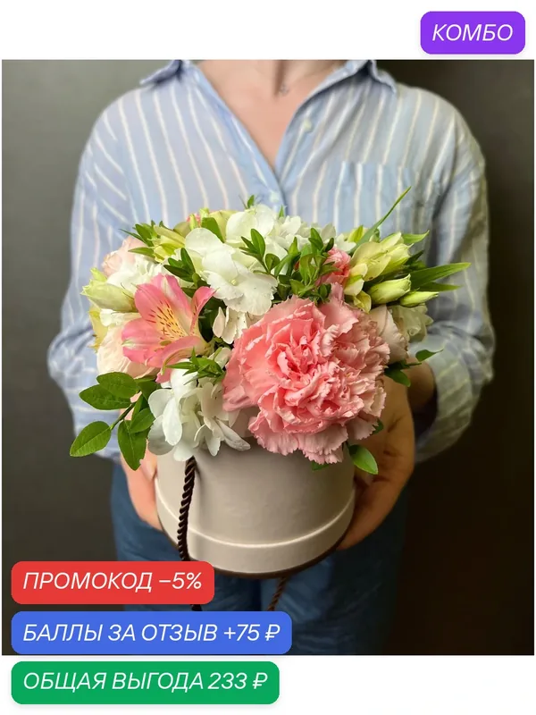Цветы в розовой шляпной коробке MINI "Нежность", с гортензией, альстрамерией, пионовидной розой и гвоздикой — Дизайн цветка, промокод и 75 баллов за отзыв Яндекс Маркет