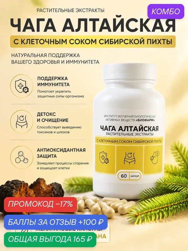 Капсулы с сухими растительными экстрактами- Чага 60 шт. Натуральный состав — ИНСТИТУТ ИЗУЧЕНИЯ БИОЛОГИЧЕСКИ АКТИВНЫХ ВЕЩЕСТВ БИОФАРМ, скидка по промокоду Яндекс Маркет