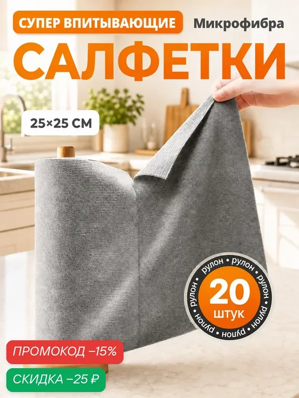 Отрывные салфетки из микрофибры для кухни и авто 25x25 20 шт — скидка по промокоду Яндекс Маркет