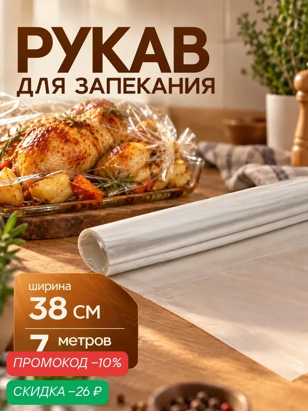 Рукав для запекания XXL Gurmanoff, 38 см × 7 м, 14 мкм, с клипсами — SKYPHOS, скидка по промокоду Яндекс Маркет