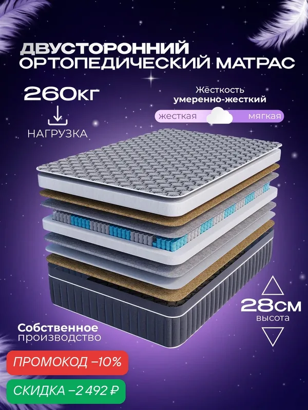 Матрас пружинный 140x190 см высота 28 см Vitaflex Ortho Dream Sk ортопедический с кокосом двуспальный — Vitaflex, скидка по промокоду Яндекс Маркет