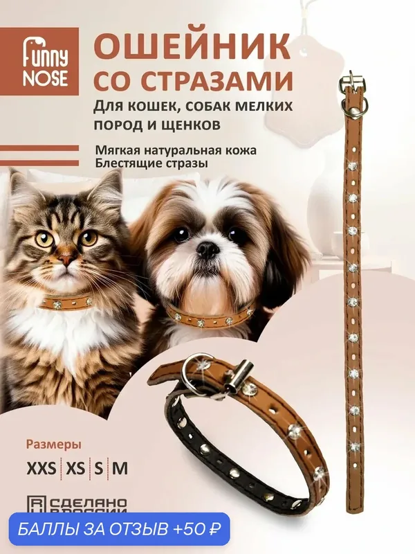 Ошейник кожаный со стразами для кошек, собак мелких пород и щенков — Funny Nose, 50 баллов за отзыв Яндекс Маркет