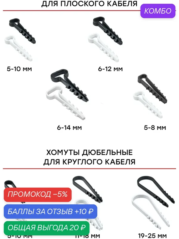 Дюбель-хомут (6х12 мм) для плоского кабеля черный (100 шт.) EKF PROxima — EKF, промокод и 10 баллов за отзыв Яндекс Маркет