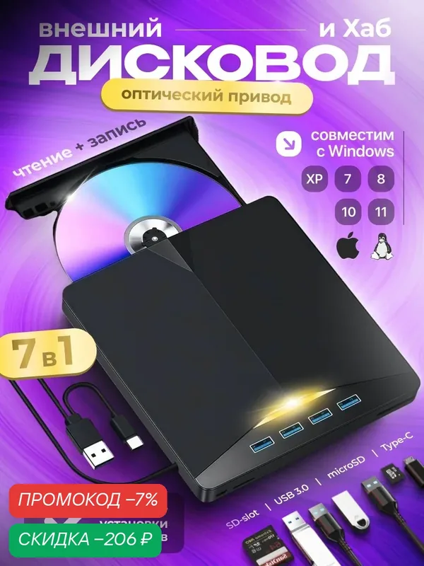 Внешний оптический привод, для компьютера и ноутбука, поддержка cdrw и dvd, usb и typec, чтение и запись дисков, универсальный, простое подключение — скидка по промокоду Яндекс Маркет