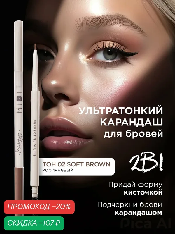 Карандаш для бровей MIXIT MAKE UP, автоматический, с щеточкой, оттенок 02 коричневый — MIXIT, скидка по промокоду Яндекс Маркет