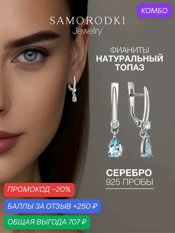 Серьги, серебро, 925 проба, родирование, фианит, топаз — SamoroDki Jewelry, промокод и 250 баллов за отзыв Яндекс Маркет