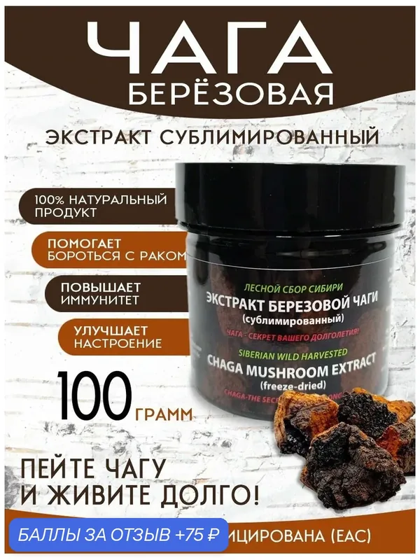 Чага березовая, экстракт сублимированный, в упаковке ПЭТ, 100 г — Чага Фуд, 75 баллов за отзыв Яндекс Маркет