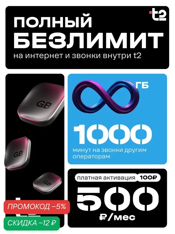 Sim-карта T2, безлимит гб, 1000 минут, выгода для всех пользователей — t2, скидка по промокоду Яндекс Маркет