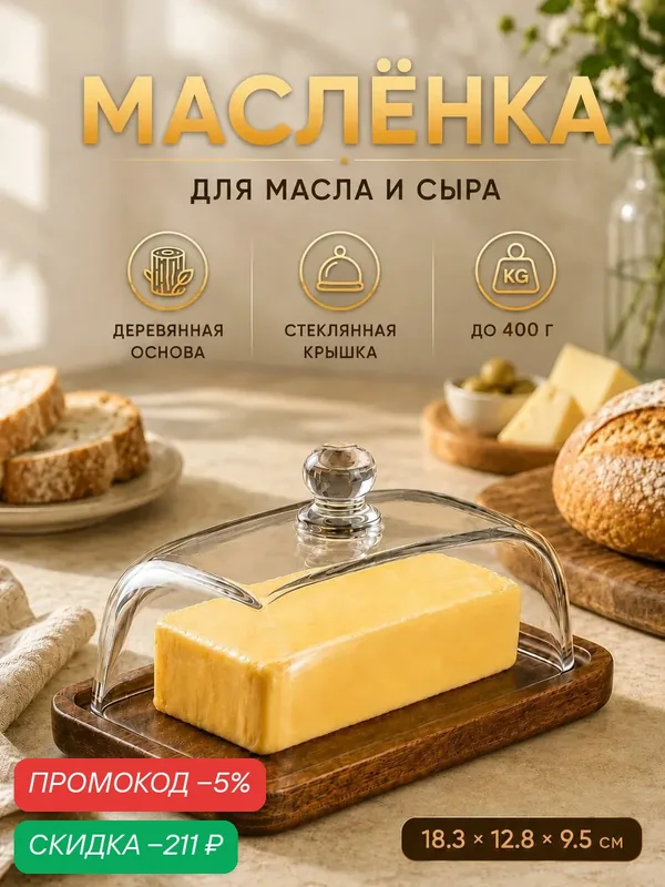 Масленка для сливочного масла стеклянная деревянная сырница с крышкой кухонный контейнер для хранения масла и сыра400 г — скидка по промокоду Яндекс Маркет