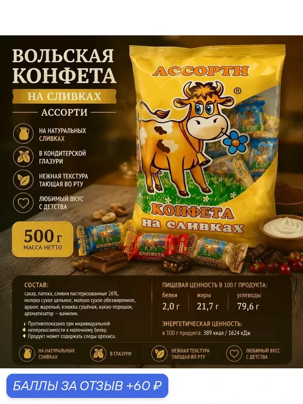 Конфеты коровка. Ассорти. "Cream Fudge" на сливках. 500 гр — Вольский кондитер, 60 баллов за отзыв Яндекс Маркет