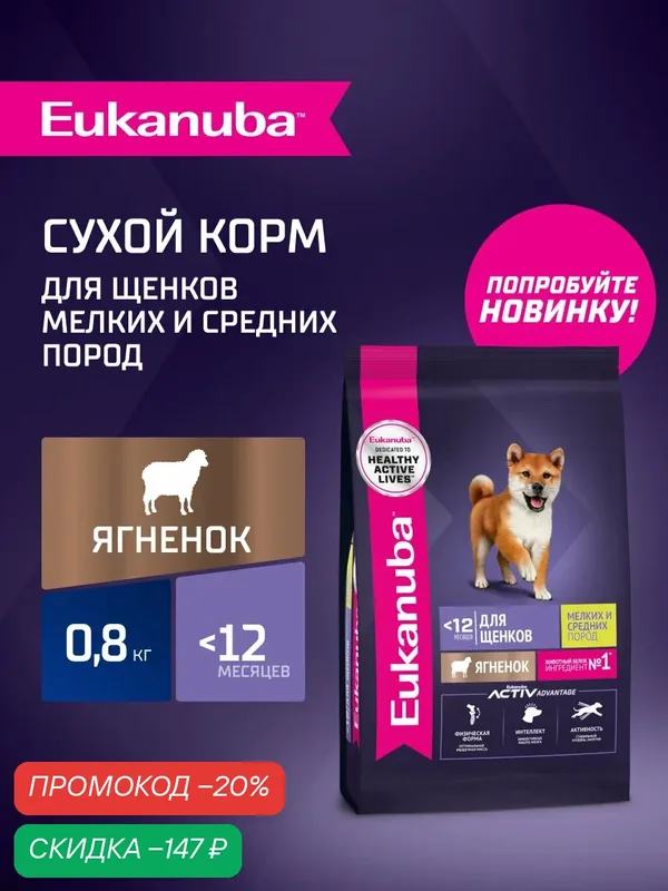 Сухой корм для щенков Eukanuba для мелких и средних пород с ягненком, 800 г — Eukanuba, скидка по промокоду Яндекс Маркет