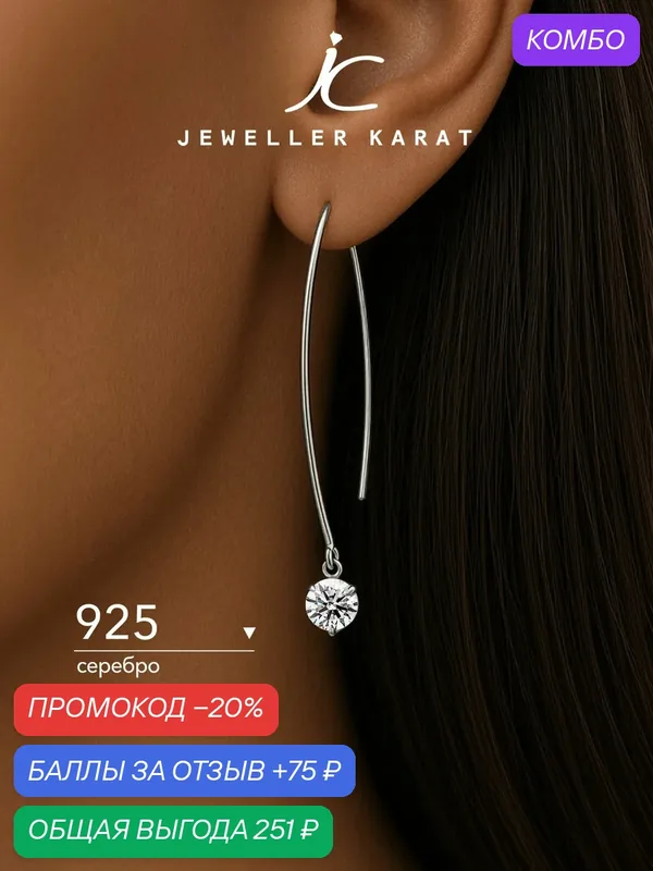 Серьги пусеты, 925 проба, родирование, фианит — Ювелир Карат, скидка по промокоду Яндекс Маркет