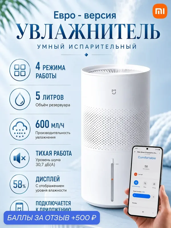 Увлажнитель воздуха умный Xiaomi Mijia Pro (CJSJSQ06ZMZUE) 5L 600 мл/час — Xiaomi, 500 баллов за отзыв Яндекс Маркет