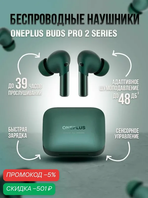 Беспроводные наушники с шумоподавлением OnePlus Buds 2 Pro, Green — OnePlus, скидка по промокоду Яндекс Маркет