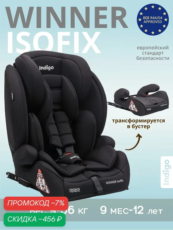 Автокресло бустер 2 в 1 WINNER ISOFIX 9-36 кг, группа 1, 2, 3, черный матовый — Indigo, скидка по промокоду Яндекс Маркет