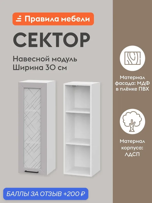 Кухонный модуль навесной, шкаф Сектор с доводчиками, с полками, 30х29.6х91.2 см, Белый / Нео со стеклом — Правила мебели, 200 баллов за отзыв Яндекс Маркет