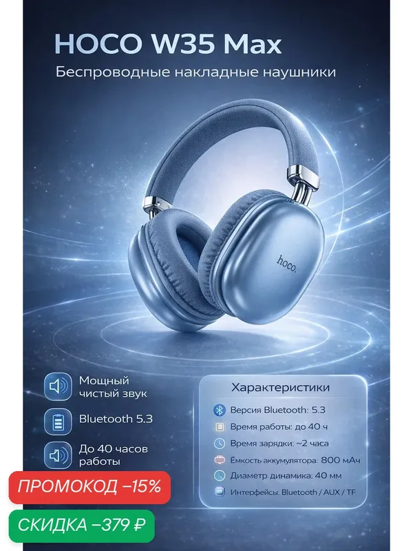 Наушники Hoco W35 Max, беспроводные, с микрофоном, Bluetooth 5.3, синий — скидка по промокоду Яндекс Маркет