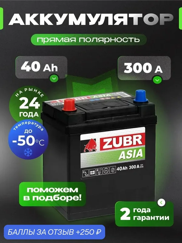 Аккумулятор автомобильный 40 Ач 300 А прямая полярность азия — 250 баллов за отзыв Яндекс Маркет