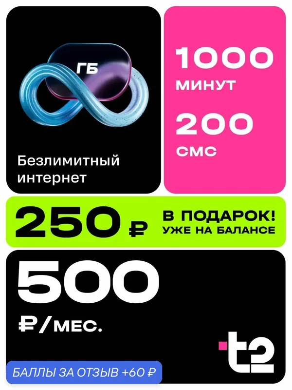 Сим карта теле 2 безлимитный интернет для телефона, роутера, модема с раздачей; С балансом 250 руб. / c переносом номера — t2, 60 баллов за отзыв Яндекс Маркет