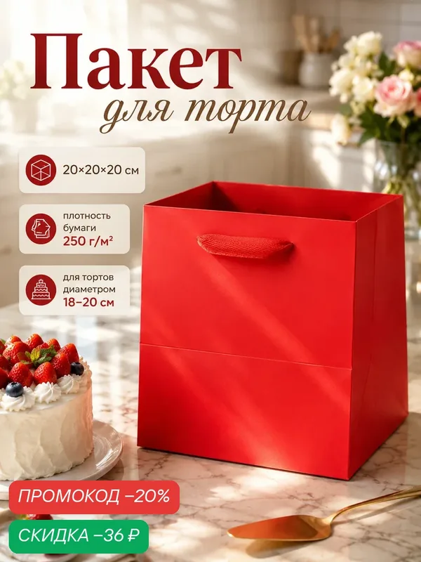 Пакет для торта Upak Land, 20 x 20x 20см, красный, бумага, плотность 250г/м² — Upak Land, скидка по промокоду Яндекс Маркет