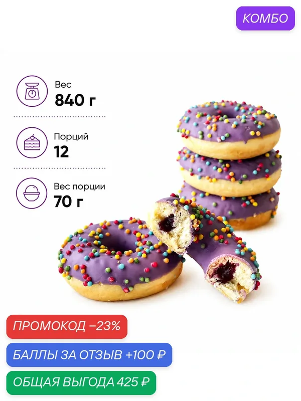 Донат с фиолетовой глазурью, цветной посыпкой и черничной начинкой, 12 шт. по 70 г. (840 г.), Польша — Dessert Fantasy, 100 баллов за отзыв Яндекс Маркет