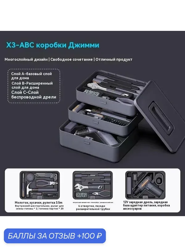 JIMIHOME X3-ABC набор инструментов для дома с шуруповертом,Набор инструментов — JIMIHOME, 100 баллов за отзыв Яндекс Маркет