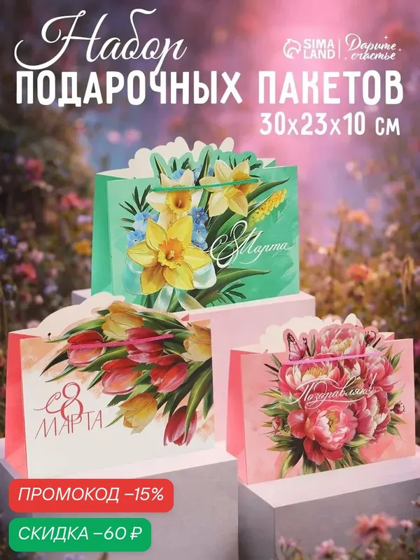 Набор подарочных пакетов Дарите счастье «Цветы», на 8 марта, 3 шт. — Дарите счастье, скидка по промокоду Яндекс Маркет