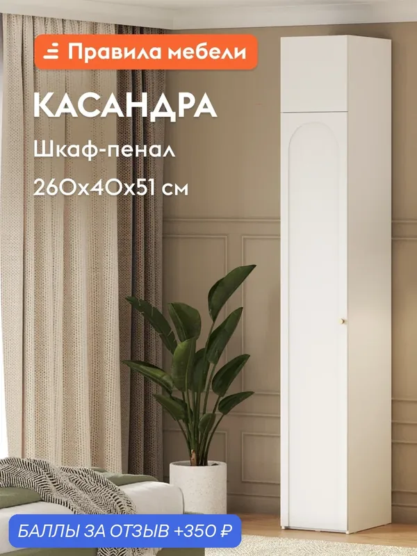 Распашной шкаф-пенал Касандра с полками, со штангой, с антресолью, 40х51х260 см, Белый / Золото — Правила мебели, 350 баллов за отзыв Яндекс Маркет