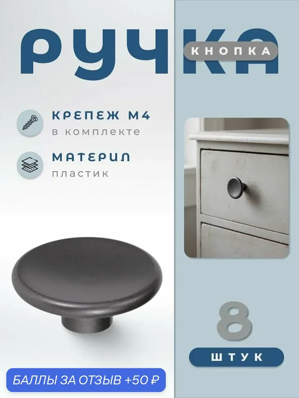 Ручка-кнопка мебельная BRANTE D68 К16 графит, комплект 8 шт, ручка для шкафов, ящиков, комодов, для кухонного гарнитура, фурнитура для мебели — Brante, 50 баллов за отзыв Яндекс Маркет