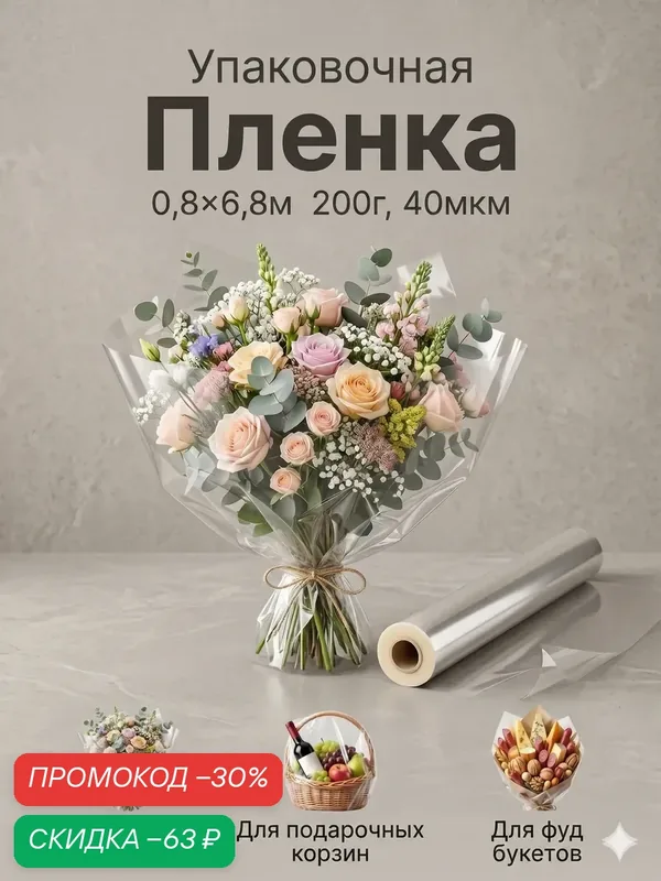 Упаковочная плёнка для цветов прозрачная 0, 8 х 6, 8 м, 200 г, 40 мкм — Сима-ленд, скидка по промокоду Яндекс Маркет