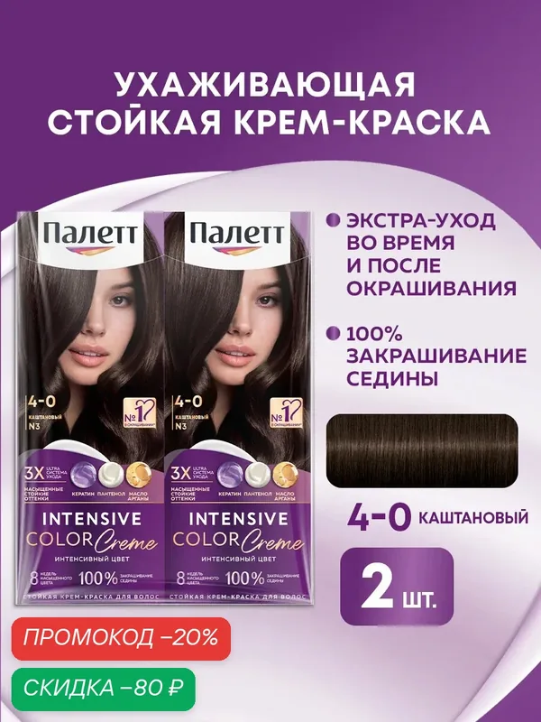Палетт Набор Стойкая крем-краска для волос Интенсивный цвет 4-0 N3 Каштановый, 110 мл, 2 шт — Палетт, скидка по промокоду Яндекс Маркет