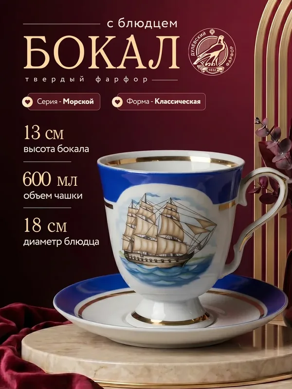 Бокал с блюдцем фарфоровый ф. Классическая "Морской" Дулевский фарфор — Дулёвский фарфор, 200 баллов за отзыв Яндекс Маркет