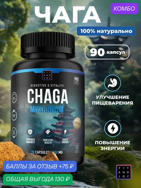 Гриб чага березовая экстракт в капсулах Fit and Joy натуральная 90 шт 500мг — Fit And Joy, промокод и 75 баллов за отзыв Яндекс Маркет