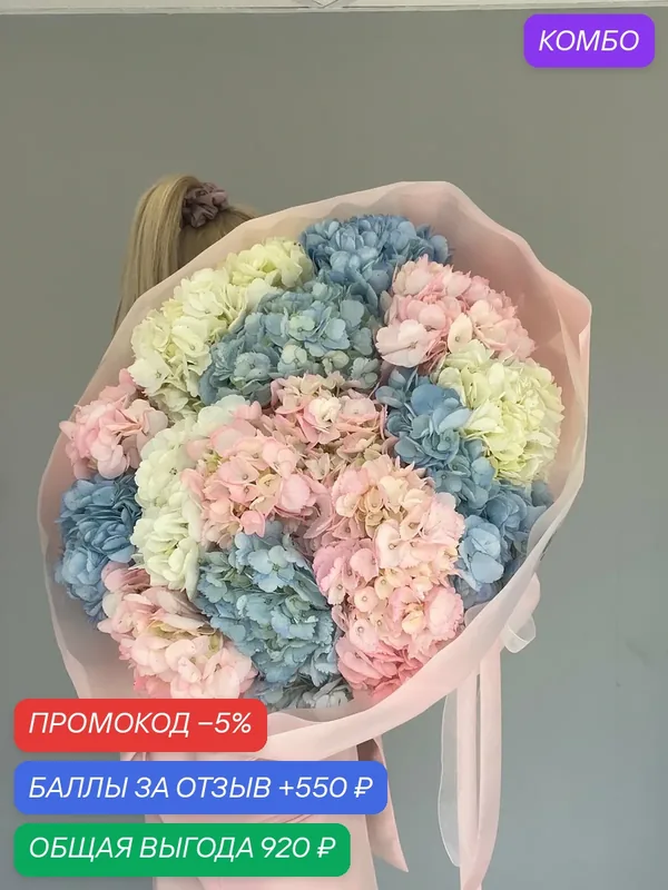 Микс разноцветной гортензии, моно букет в нежно-розово-голубом цвете — Сады Любви, промокод и 550 баллов за отзыв Яндекс Маркет