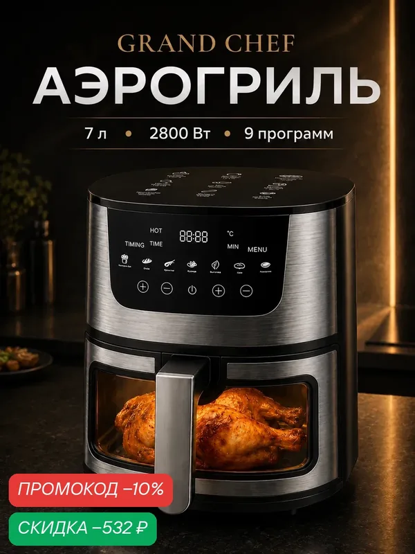Аэрогриль, 7 л, мощность 2800 Вт, 9 программ, антипригарное покрытие — скидка по промокоду Яндекс Маркет