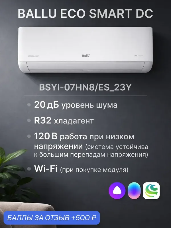 Сплит-система инверторного типа Ballu BSYI-07HN8/ES_23Y Eco Smart DC inverter, кондиционер для дома на 20 кв. м, белый — Ballu, скидка по промокоду Яндекс Маркет