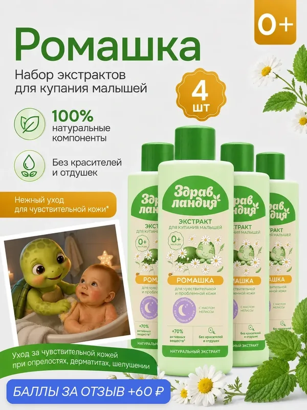 Набор для купания Страна Здравландия Ромашка, для малышей, гипоаллергенный, 4шт. — Здравландия, 60 баллов за отзыв Яндекс Маркет