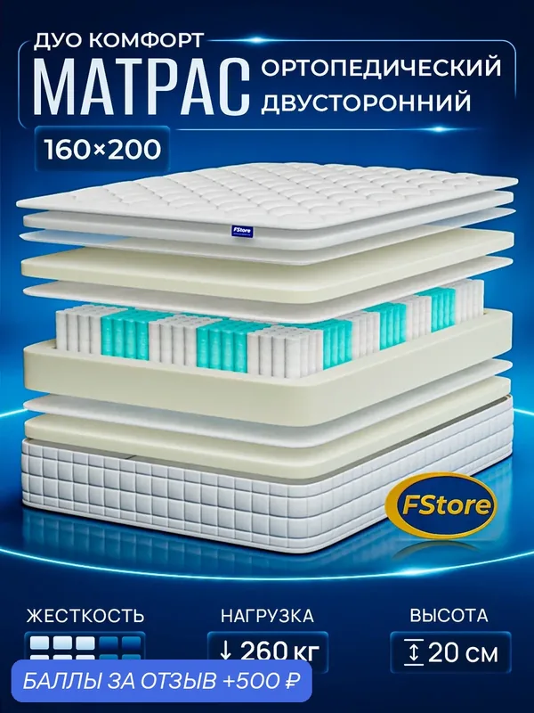 Матрас 160х200 ортопедический, независимые пружины, FStore Дуо Комфорт — FStore, 500 баллов за отзыв Яндекс Маркет